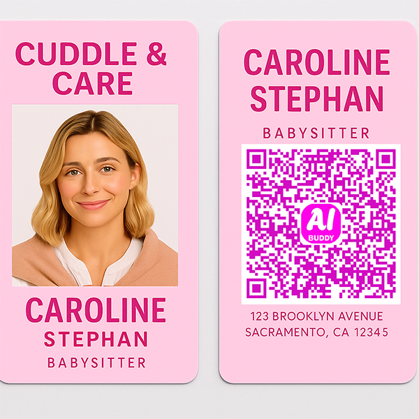 AI Buddy Babysitter business card with QR code